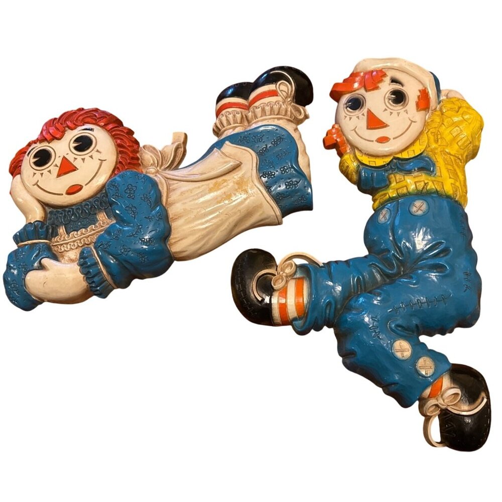 Set of 2 VTG 1977 The Bobbs-Merrill Co. Raggedy Ann & Raggedy Andy Wall Hangings